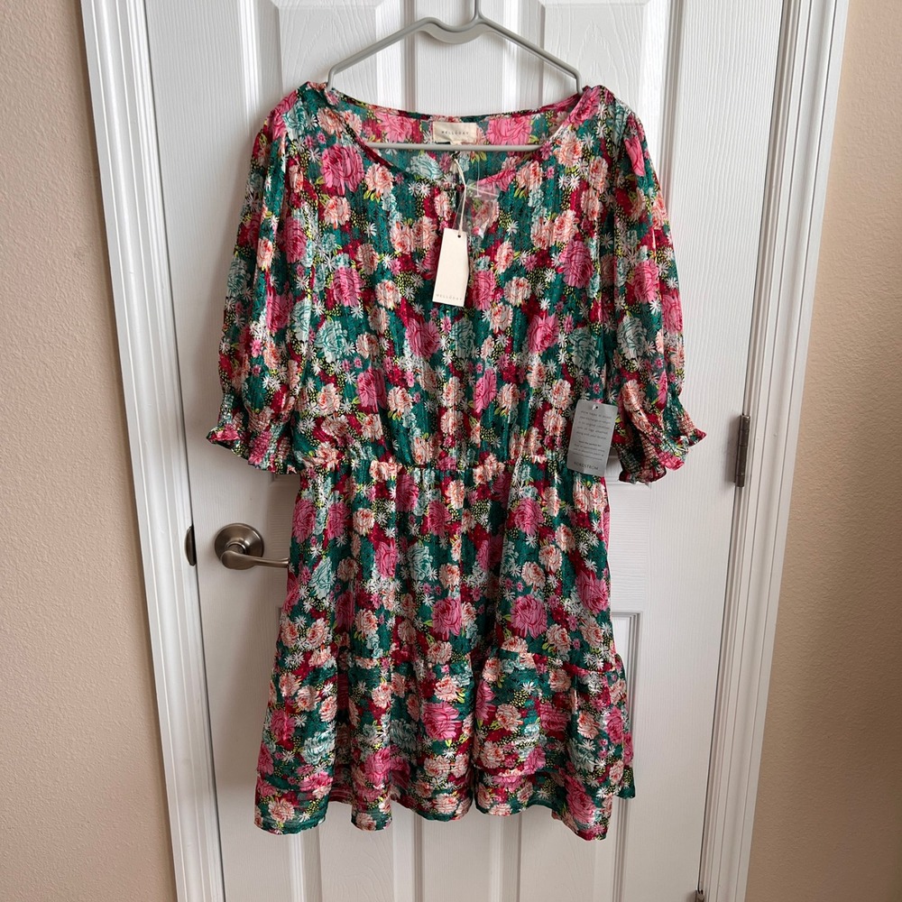 NWT Melloday Floral‎ Print Mini Dress Smocked Waist 3/4 Sleeve Pink Green XL